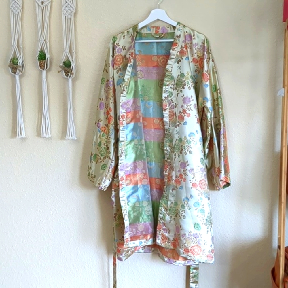 Metallic Jaquard Rainbow Floral Golden Roses Smoking Housecoat Robe OS